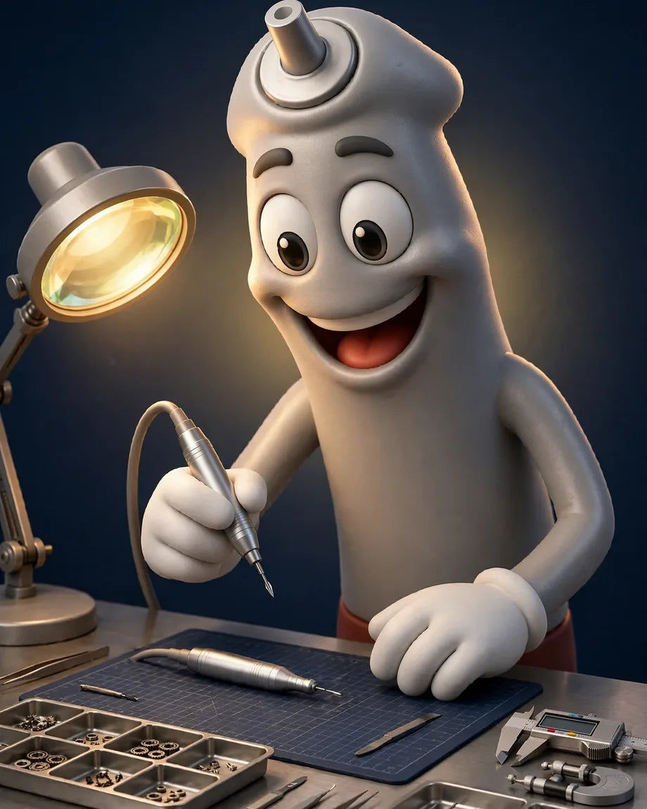 A1 mascot repairing a dental handpiece at a precision workstation